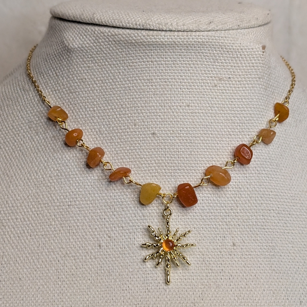 Chic Gold Necklace with Yellow / Orange Crystal Gemstones and Sun Charm